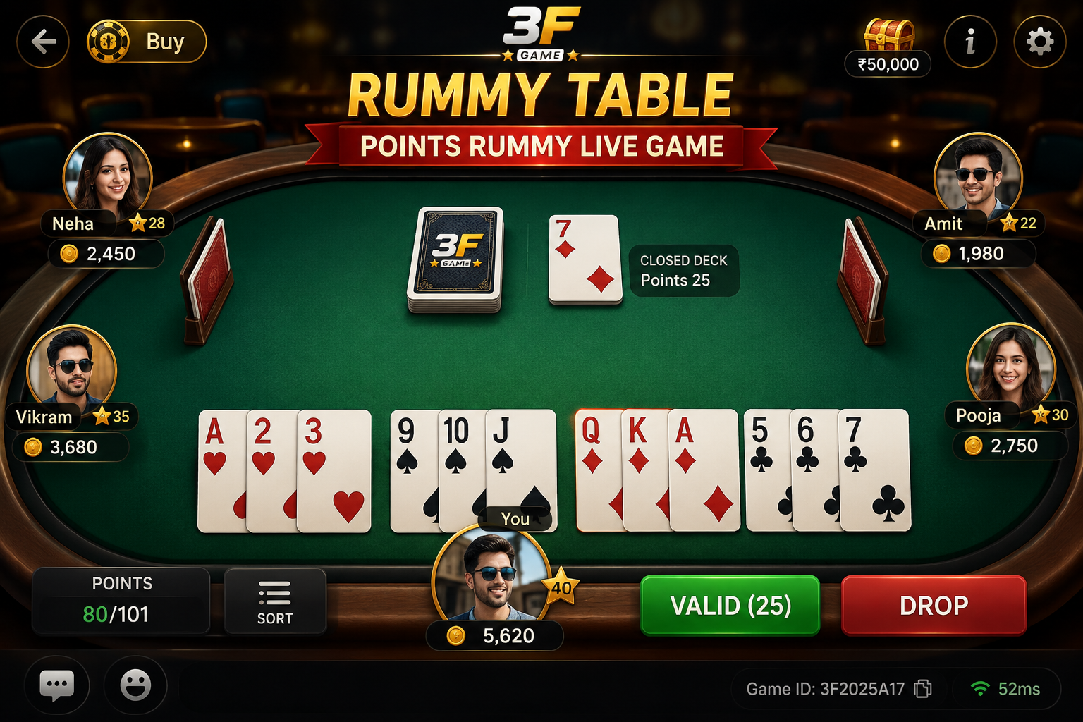 3F Game Rummy Points mode live table 2026